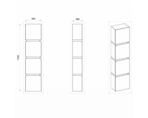 Technische Zeichnung eines Regals mit vier Fächern, Maße 400 x 260 x 1700 mm