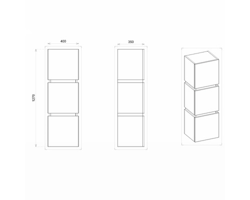 Technische Zeichnung eines Regals mit drei Fächern, Abmessungen 400 x 350 x 1270 Millimeter