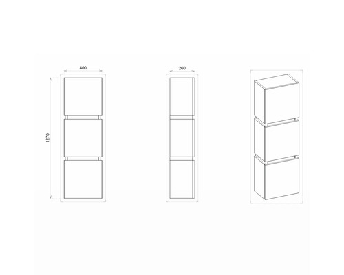 Technische Zeichnung eines Hängeschranks mit drei Fächern und den Maßen 1270 x 400 x 260 Millimeter.