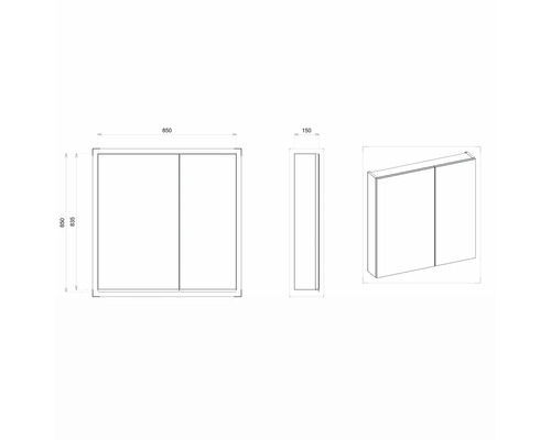 Technische Zeichnung eines Spiegelschranks mit Maßangaben 850 x 835 x 150 Millimeter