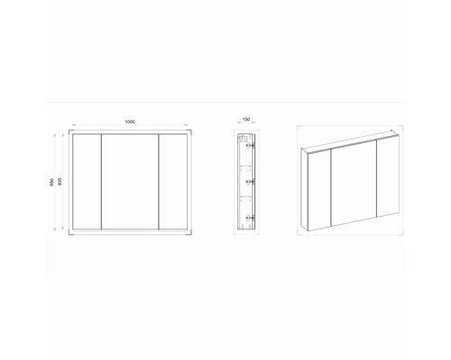 Technische Zeichnung eines Spiegelschrankes mit Abmessungen.