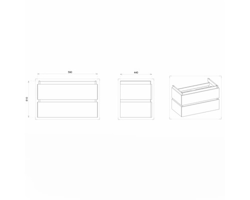 Technische Zeichnung eines Waschtischunterschranks mit zwei Schubladen und Maßangaben
