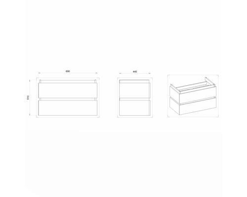 Technische Zeichnung eines Waschtischunterschranks mit zwei Schubladen und Maßangaben