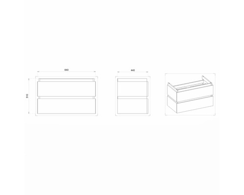 Technische Zeichnung eines Waschtischunterschranks mit Schubladen und Maßangaben