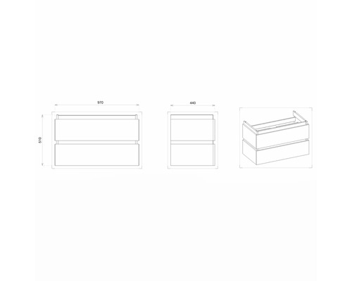 Technische Zeichnung eines Badezimmer-Unterschranks mit Schubladen und Maßangaben