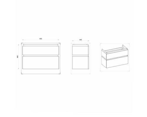 Zeichnung eines Waschtischunterschranks mit Abmessungen