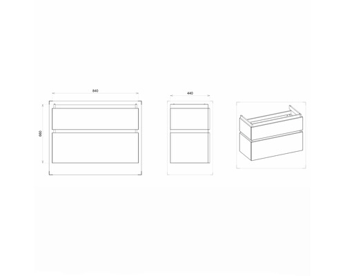 Technische Zeichnung eines Waschtischunterschranks mit Schubladen und Maßangaben
