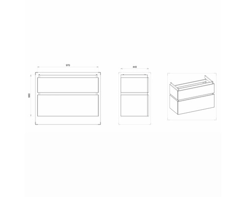 Technische Zeichnung eines Waschtischunterschranks mit zwei Schubladen und den Maßen Breite 970 mm, Höhe 600 mm und Tiefe 440 mm.