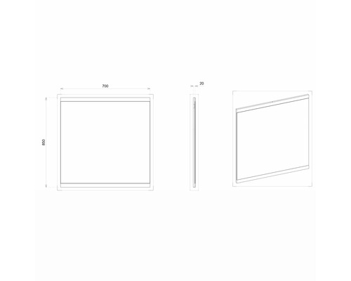 Technische Zeichnung eines Spiegels mit den Maßen 700 x 850 x 20 Millimeter