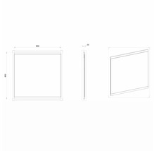 Technische Zeichnung eines quadratischen Spiegels mit den Maßen 850 x 850 x 20 mm.