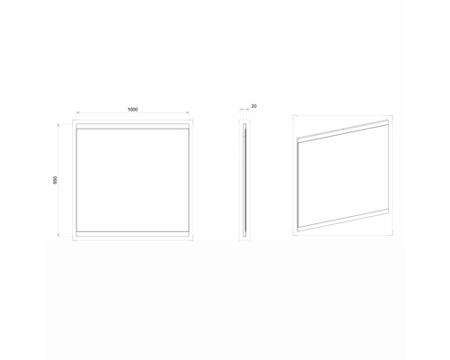 Technische Zeichnung eines Spiegels mit den Maßen 1000 x 850 x 20 Millimeter.