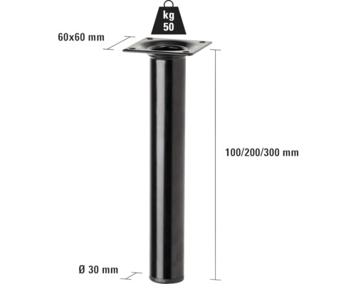 Tischbein aus Metall, 30 mm Durchmesser, 60 x 60 mm Platte und 50 Kilogramm Traglast