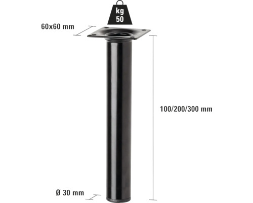 Tischbein aus Metall, Durchmesser 30 Millimeter, Traglast 50 Kilogramm
