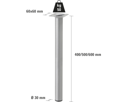Möbelfuß aus Metall mit einer Traglast von 50 Kilogramm und den Maßen 60 x 60 Millimeter.