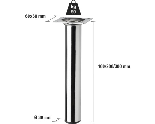 Möbelfuß aus Metall mit den Maßen 60x60 mm, Durchmesser 30 mm, Höhe 100/200/300 mm und einer Belastbarkeit von 50 kg.