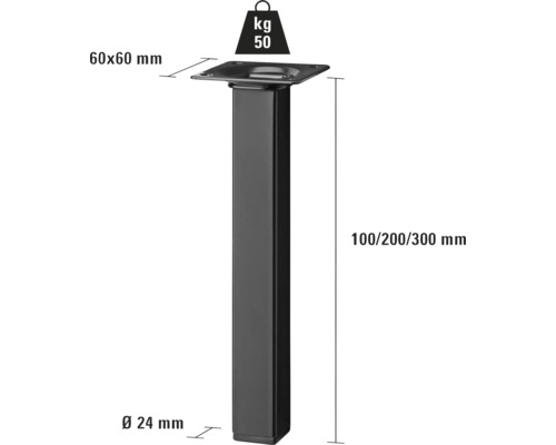 Schwarzes Möbelfuß aus Metall mit den Maßen 100/200/300 mm und einer Belastbarkeit von 50 Kilogramm.