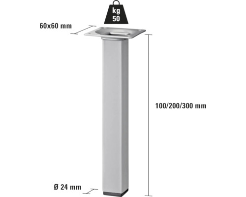 Möbelfuß aus Metall, 100/200/300 Millimeter Höhe, 50 Kilogramm Traglast