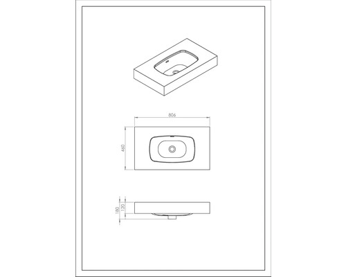 Zeichnung eines Waschtisches mit Maßen für die Badplanung