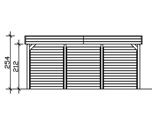 Illustration eines Gartenhauses mit den Maßen 254 mal 212 Zentimeter.