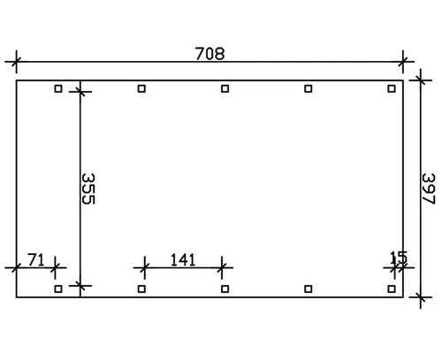 Technische Zeichnung mit Maßangaben: 708 mm Breite, 397 mm Höhe, 355 mm Innenhöhe.