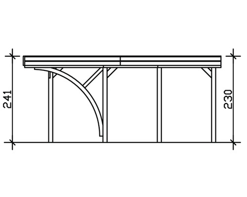 Abbildung eines Carports mit den Maßen 241 Zentimeter Höhe auf der linken Seite und 230 Zentimeter Höhe auf der rechten Seite.