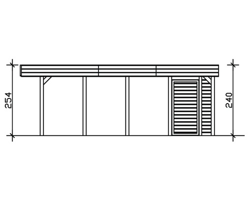 Skizze eines Gartenhauses mit einer Höhe von 240 Zentimetern und einer Gesamthöhe von 254 Zentimetern.