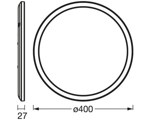Technische Zeichnung eines runden LED-Spiegels mit einem Durchmesser von 400 Millimeter und einer Tiefe von 27 Millimeter.