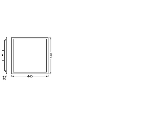 Technische Zeichnung einer quadratischen Deckenleuchte mit den Maßen 445 x 445 x 60 Millimeter.
