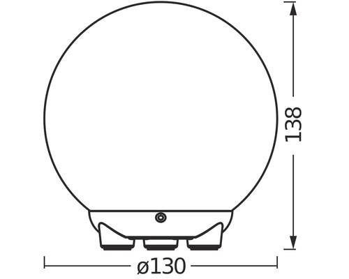 Technische Zeichnung einer Kugelleuchte mit Maßangaben: Durchmesser 130 mm, Höhe 138 mm.