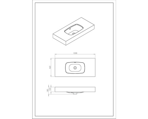 Technische Zeichnung eines Waschtischs mit Becken und Maßangaben
