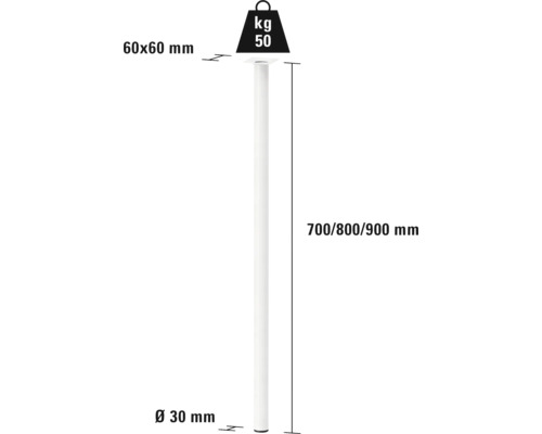 Technische Zeichnung einer Möbelstütze mit den Maßen 60x60 mm, Durchmesser 30 mm und einer Höhe von 700, 800 oder 900 mm, Belastbarkeit 50 Kilogramm
