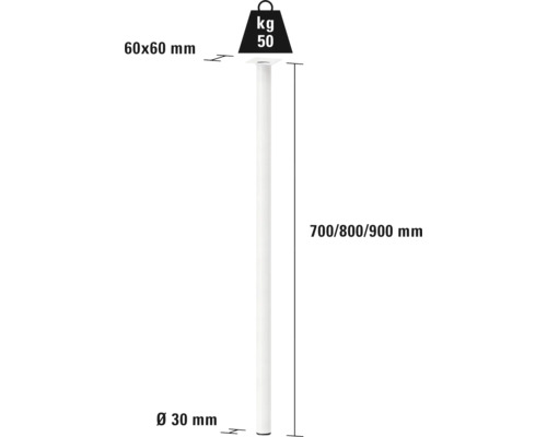 Produktdiagramm Stützfuß mit den Maßen 700, 800 und 900 Millimeter und einer Belastbarkeit von 50 Kilogramm