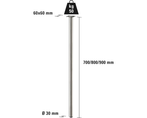 Abbildung eines Tischbeins mit den Maßen 60 x 60 mm, Durchmesser 30 mm, Höhe 700, 800 und 900 mm, Belastbarkeit 50 kg.