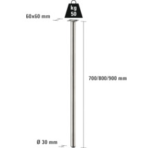 Technische Zeichnung eines Tischbeins mit den Maßen 60x60 mm für die Montageplatte, 30 mm Durchmesser und 700, 800 oder 900 mm Länge. Die maximale Belastbarkeit beträgt 50 kg.