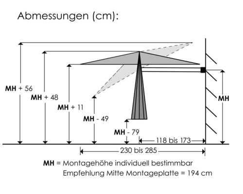 Abmessungen eines Sonnenschirms mit Maßangaben in Zentimetern.