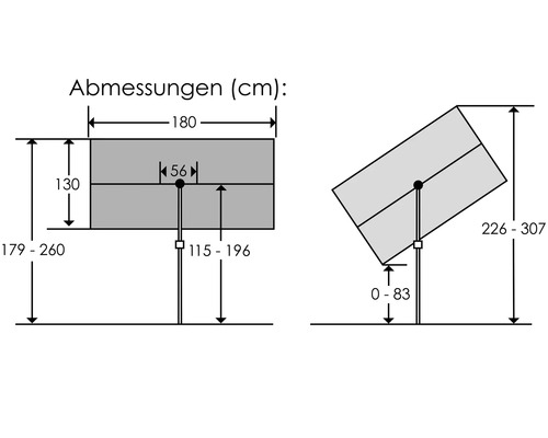 Abmessungen eines Sonnensegels mit verschiedenen Winkeln und Maßen in Zentimetern