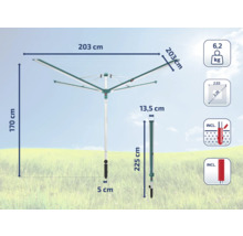 Technische Zeichnung eines Wäscheständers mit den Maßen 203 cm, 170 cm, 225 cm, 13,5 cm und 5 cm. Das Gewicht beträgt 6,2 kg. Inklusive Bodenhülse.