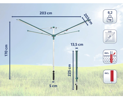 Technische Zeichnung eines Wäscheständers mit den Maßen 203 cm, 170 cm, 225 cm, 13,5 cm und 5 cm. Das Gewicht beträgt 6,2 kg. Inklusive Bodenhülse.