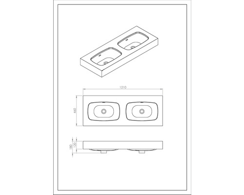 Zeichnung eines Waschtischs mit Doppelwaschbecken und Maßangaben