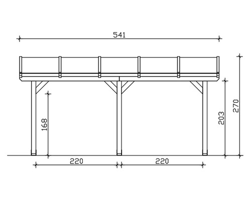 Technische Zeichnung eines Holzpavillons mit Höhen- und Breitenangaben