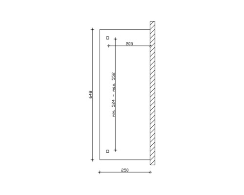 Technische Zeichnung mit Maßangaben für eine Installation
