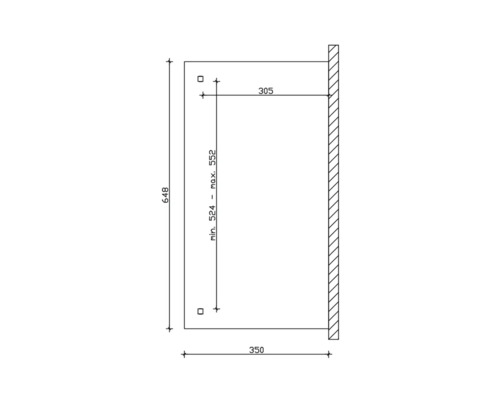 Technische Zeichnung mit Maßangaben für ein Produkt mit einer Höhe von 648 mm und einer Breite von 350 mm