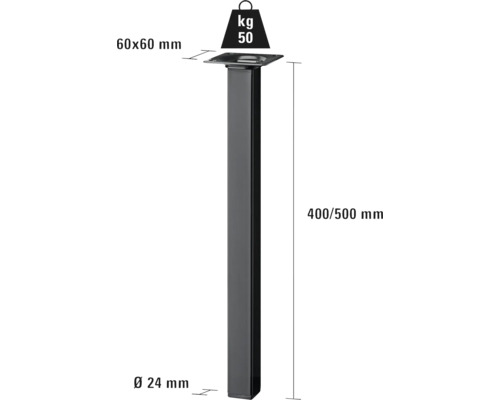 Tischbein mit den Maßen 60 x 60 Millimeter und einer Traglast von 50 Kilogramm.