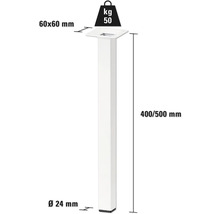 Technische Zeichnung eines Möbelbeins mit den Maßen 60x60 mm, Durchmesser 24 mm und einer Höhe von 400 bis 500 mm, Belastbarkeit 50 kg.