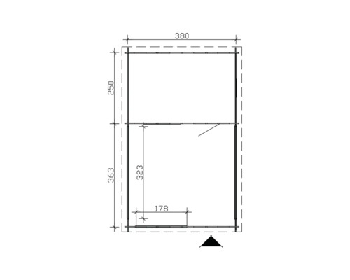 Grundrisszeichnung eines Gartenhauses mit Maßangaben