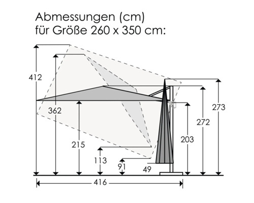 Maße eines Sonnenschirms der Größe 260 x 350 Zentimeter