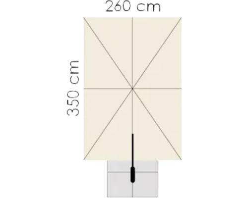 Skizze eines Sonnenschirms mit den Maßen 260 Zentimeter mal 350 Zentimeter