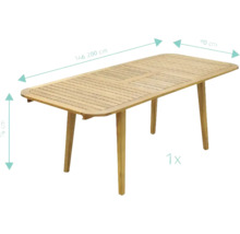 Rechteckiger Gartentisch aus Holz mit den Maßen 146,2 mal 90 mal 76 Zentimeter.