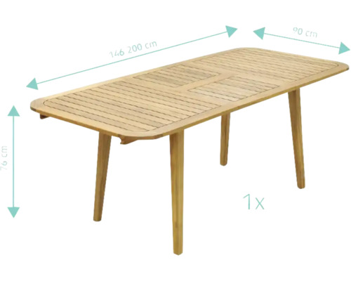 Rechteckiger Gartentisch aus Holz mit den Maßen 146,2 mal 90 mal 76 Zentimeter.