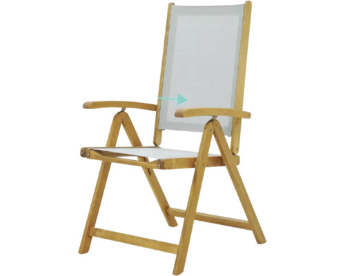 Holzfarbener Klappstuhl mit Armlehnen und Textilsitz